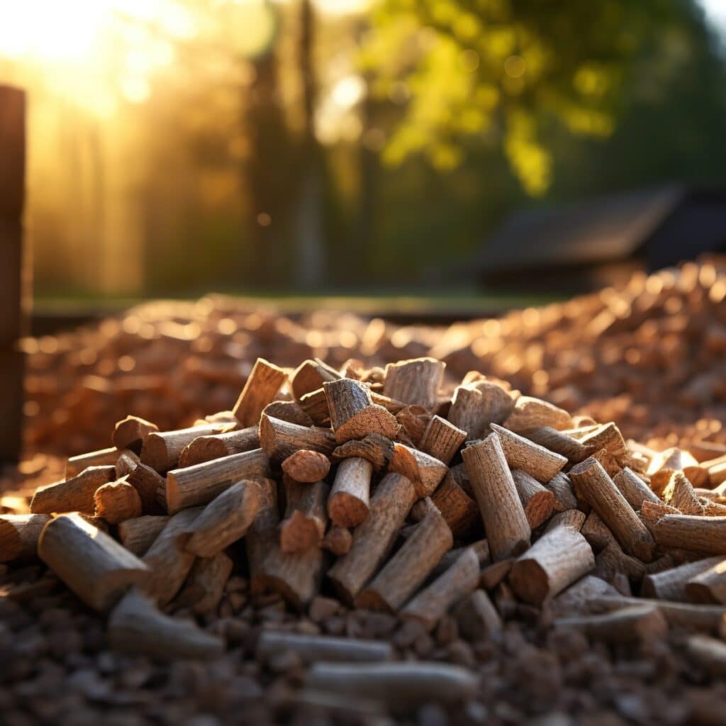 Ebenerdig gestapelter Haufen gepresster Holzpellets auf dem Boden neben gehacktem Brennholz verschiedener Arten mit grünen Blättern und Biomassebriketts im Sonnenlicht